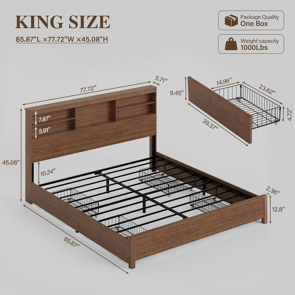 King Size Bed Frame with 4 Storage Drawers, Brown