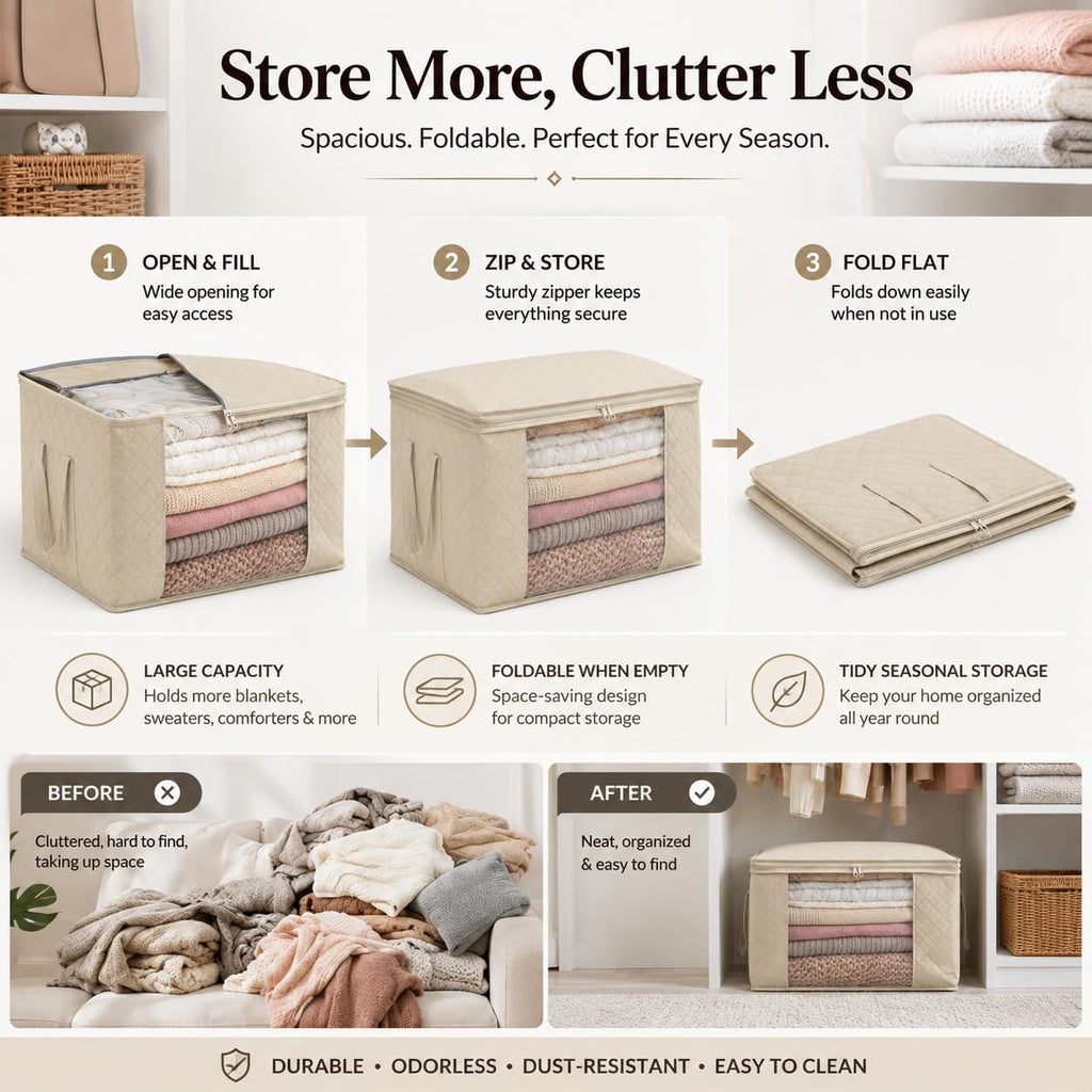 Storage Bags,Clothes Blanket Storage Bins Foldable Closet Organizers with Reinforced Handle for Home Dorm Storage and Organization,Fabric Bags for Organizing Sheets,Clothing (Beige,1)