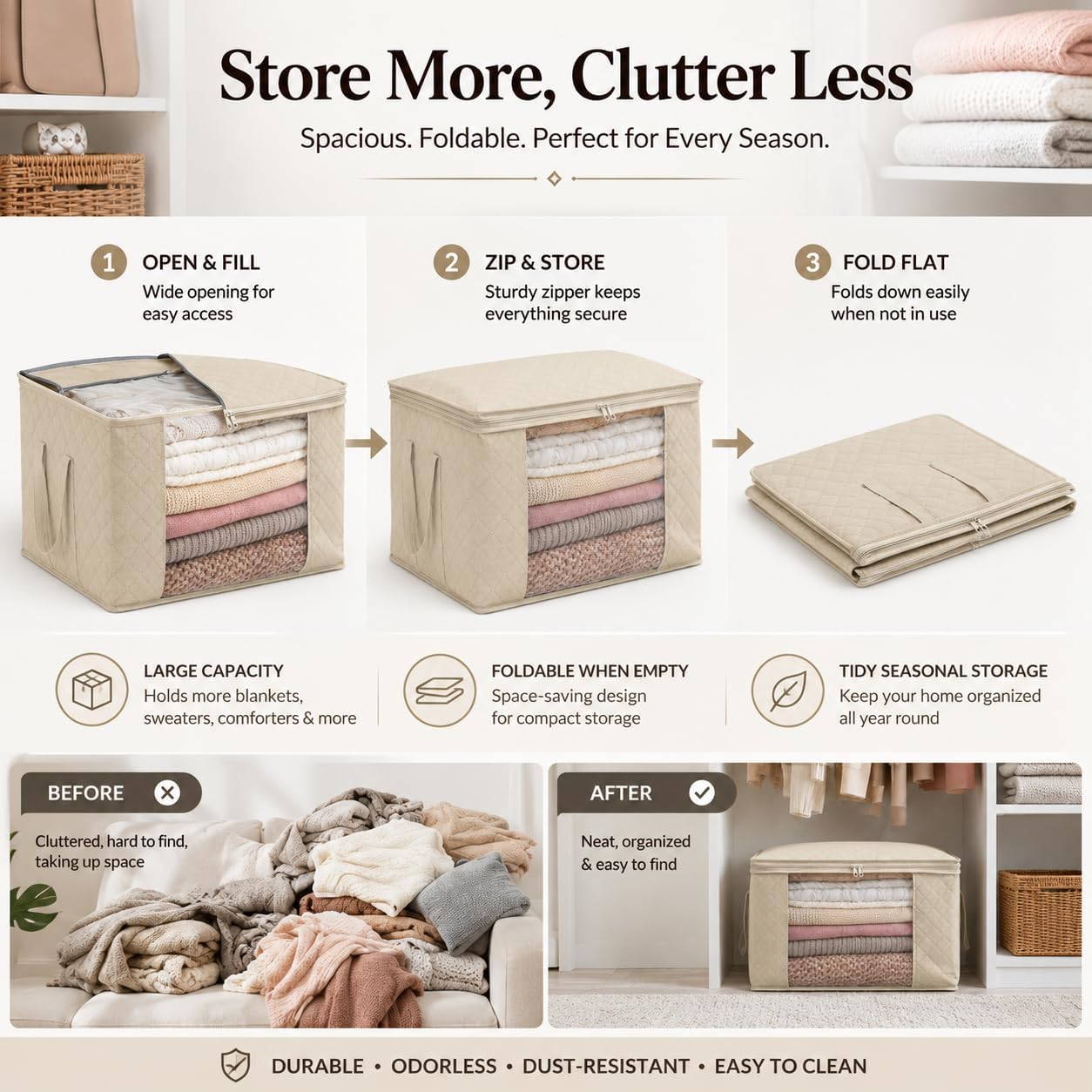 Storage Bags,Clothes Blanket Storage Bins Foldable Closet Organizers with Reinforced Handle for Home Dorm Storage and Organization,Fabric Bags for Organizing Sheets,Clothing (Beige,1)