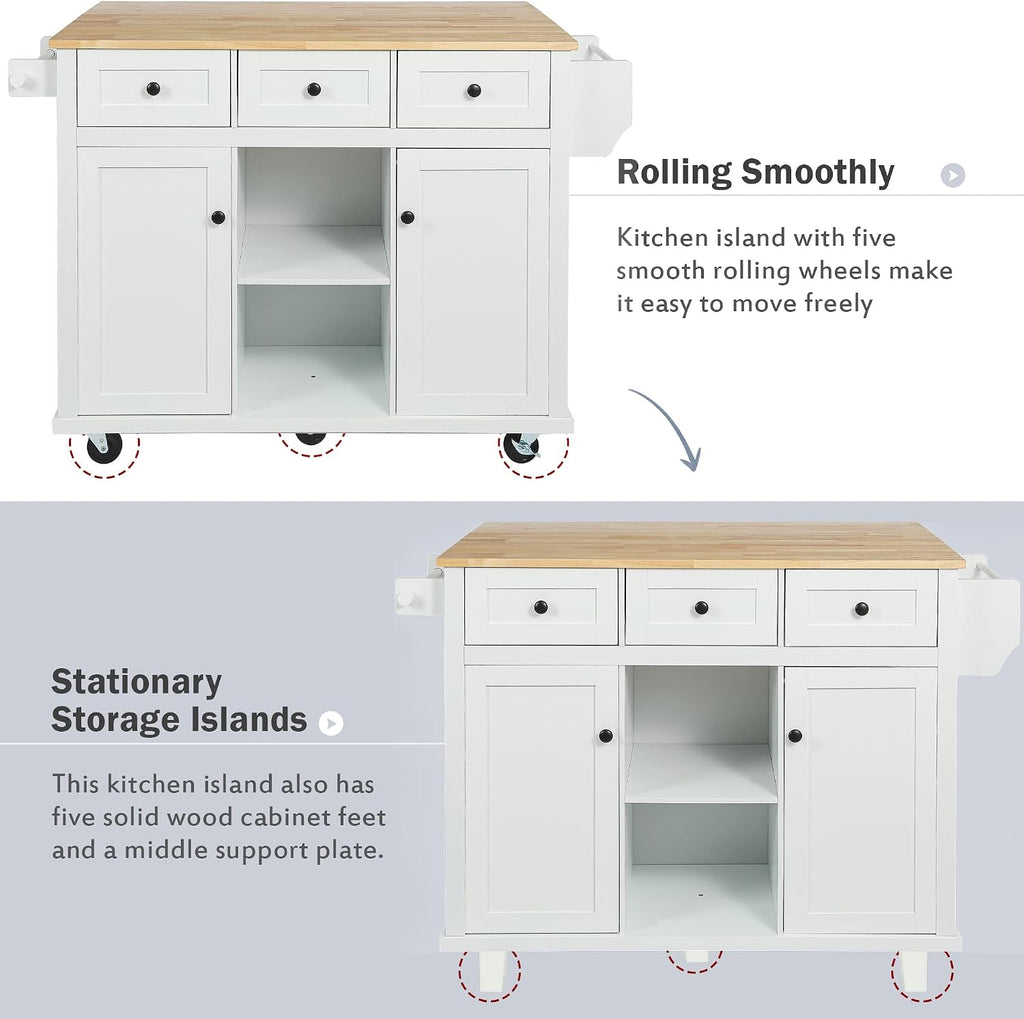 LUMISOL Rolling Kitchen Island with Drop Leaf and Storage, White | Kitchen Cart with 3 Drawers and 2 Cabinets, for Dinning Room