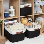 HNZIGE Large Storage Baskets (3 Pack) - Fabric Bins with Leather Handles, Foldable for Organizing Clothes, Toys (Black & White, 15" x 11" x 9.5")