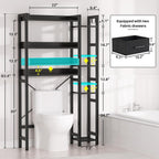 Over The Toilet Storage with 2 Drawers - 7 Tier Bathroom Organizer with Adjustable Shelf, Freestanding Space Saver Storage Rack Above Toilet Stand with 4 Hooks for Restroom, Laundry, Black