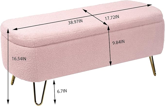 Storage Ottoman for End of Bed with Gold Metal Legs,Modern Faux Fur Entryway Bench Upholstered Padded,for Living Room Bedroom Pink