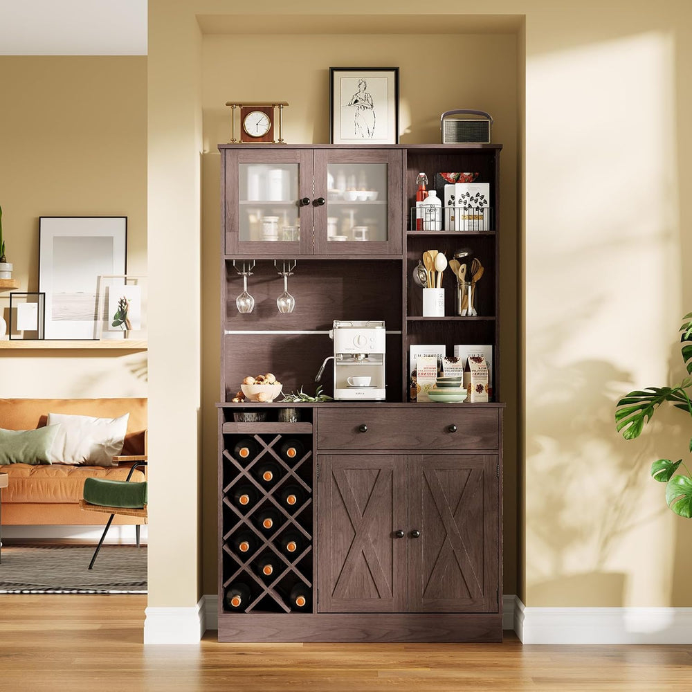 71-Inch Kitchen Hutch Cabinet with Storage, White & Light Walnut Top, Acr...