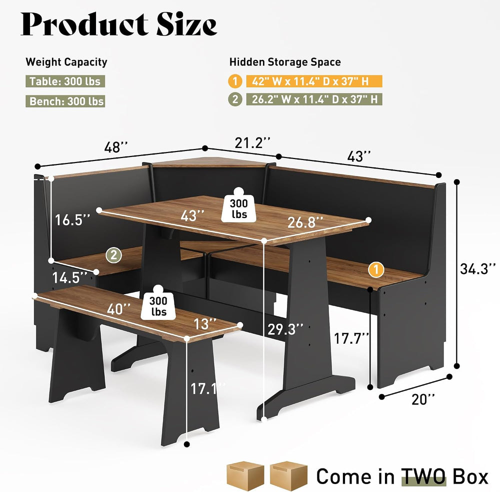 AMERLIFE 3-Piece Corner Dining Set with Hidden Storage, Black Oak | Dining Se...