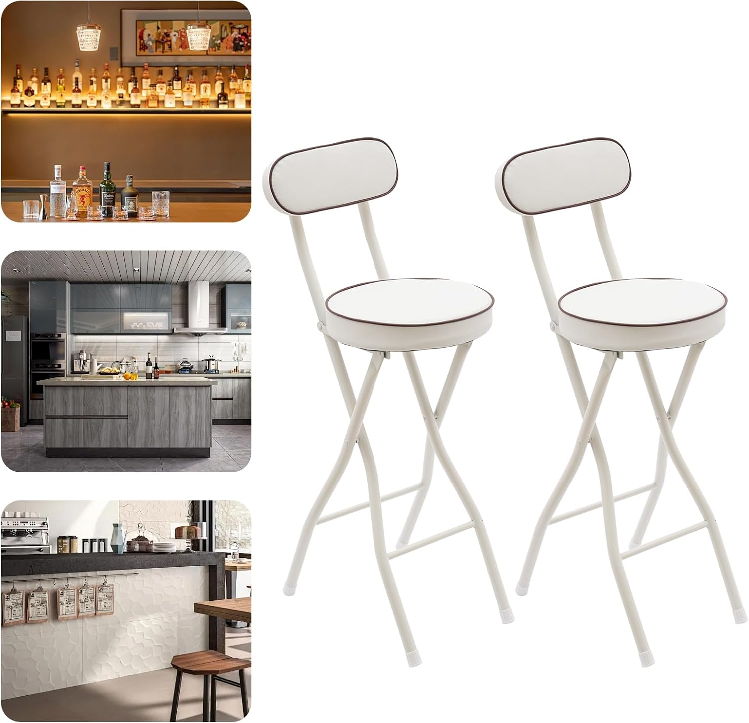 2PCS Folding Bar Stool with Backrest, Tall Foldable Stool Seat Padded Portable Stools Counter Height Foldable Stools Chairs Collapsible Stool for Adults Kitchen Island Cafe Dining Room