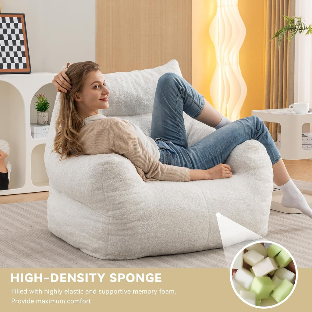FOXHUNTER Bean Bag Chair with Memory Foam Filling for Adults Ivory | No Assembly Required, Memory Sponge in Small Pieces Filled, Lazy Foam Chair for Bedroom,Living Room
