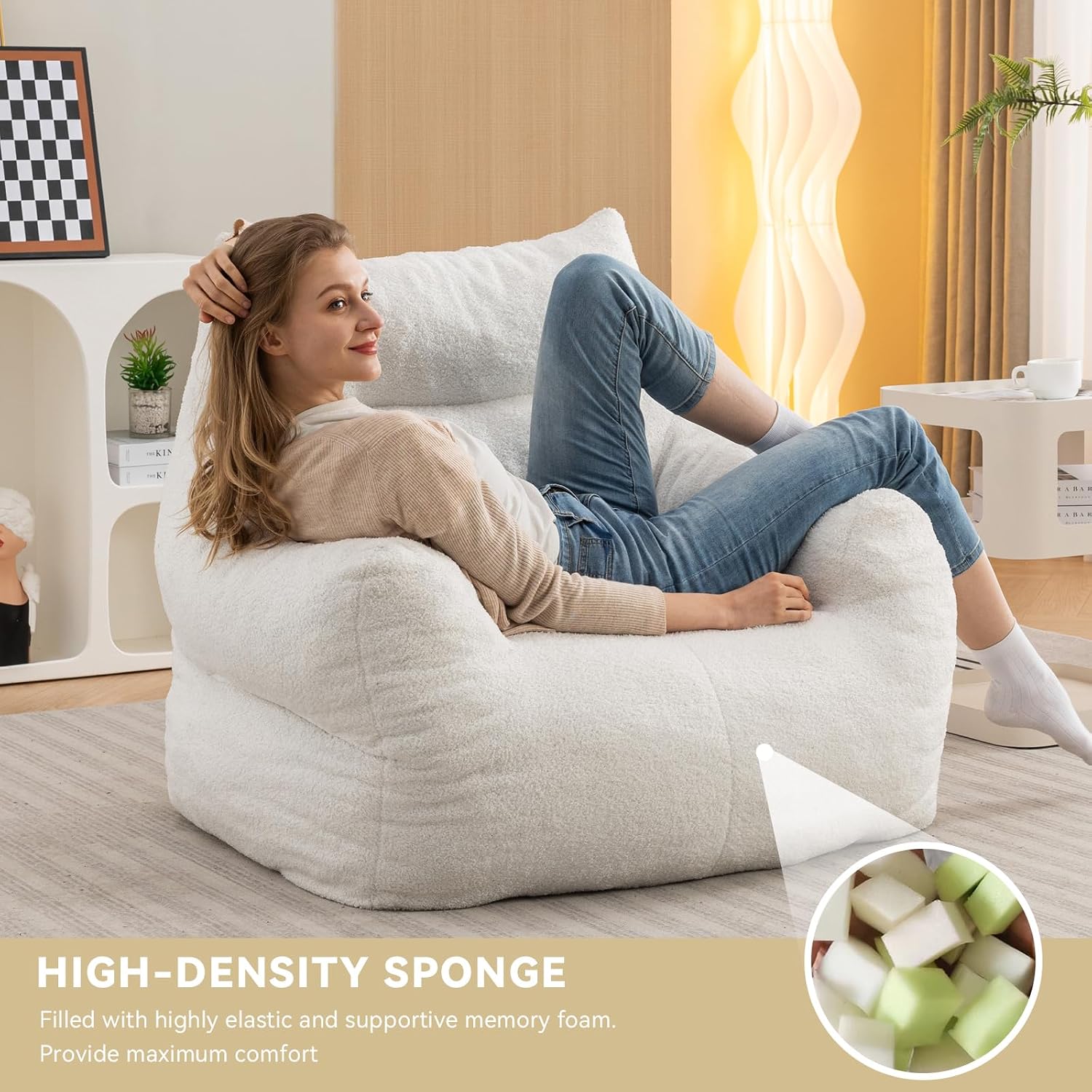 FOXHUNTER Bean Bag Chair with Memory Foam Filling for Adults Ivory | No Assembly Required, Memory Sponge in Small Pieces Filled, Lazy Foam Chair for Bedroom,Living Room