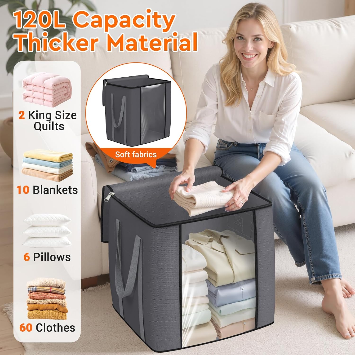 TasticTotes 120L Extra Large Blanket Clothes Storage Bags, Gray, 1 Pack | Foldable Blanket Storage and Organization, Thick Fabric Containers with Reinforced Handles & Zippers for Comforters, Bedding