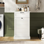 Upgraded Tilt Out Laundry Hamper Cabinet, 15 Gallon Trash Can Cabinet with Shutter Front & Drawer, Hidden Garbage Can Bin Cabinets with Laundry Storage Basket for Bathroom, Kitchen (White, Single)