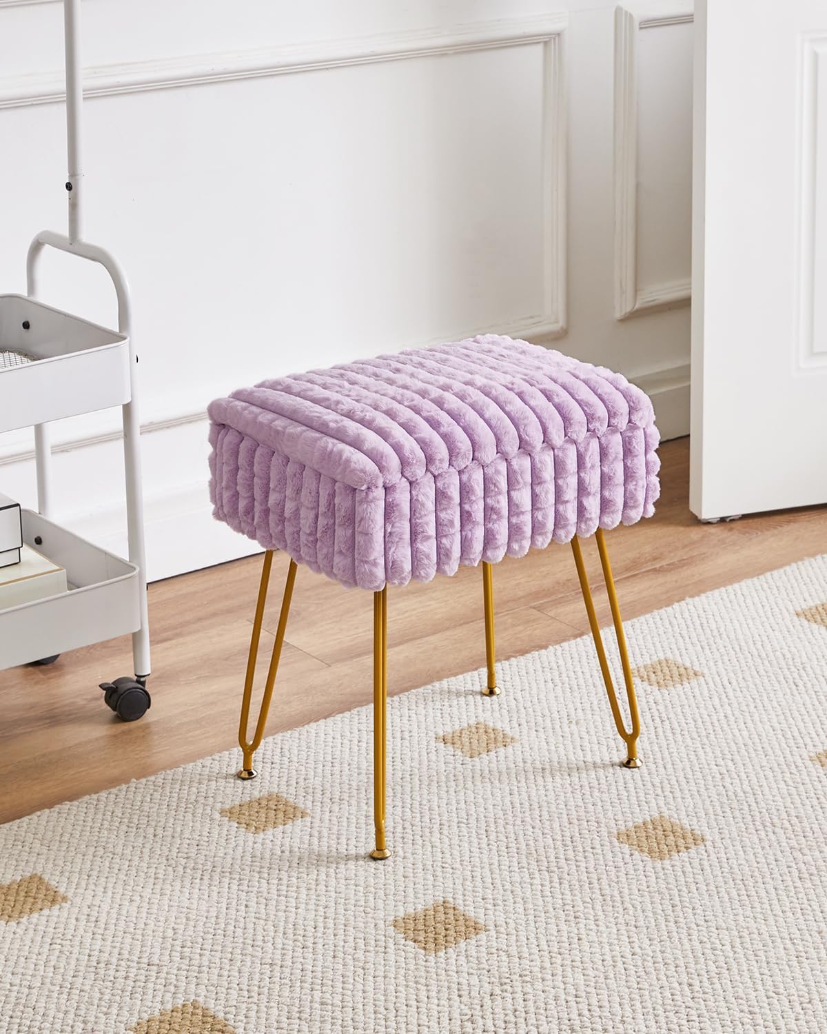 IBUYKE Rectangle Vanity Chair Ottoman, Footrest Stool, Purple WBD004V | Storage Space Footstool Vanity Stool Dressing Table Chair Anti-Slip Feet Makeup Room Bedroom Square Grid Pattern