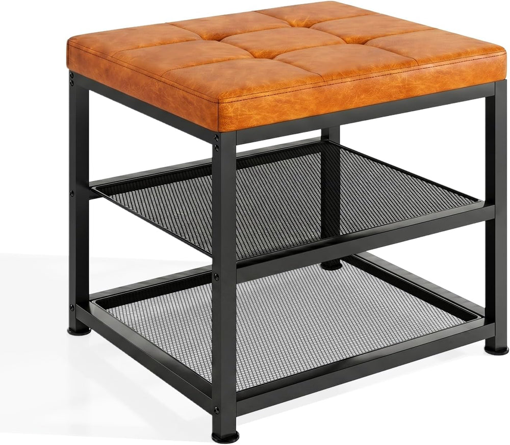 Small Shoe Storage Bench with PU Leather Seat Cushion, 3-Tier Freestanding Sh...