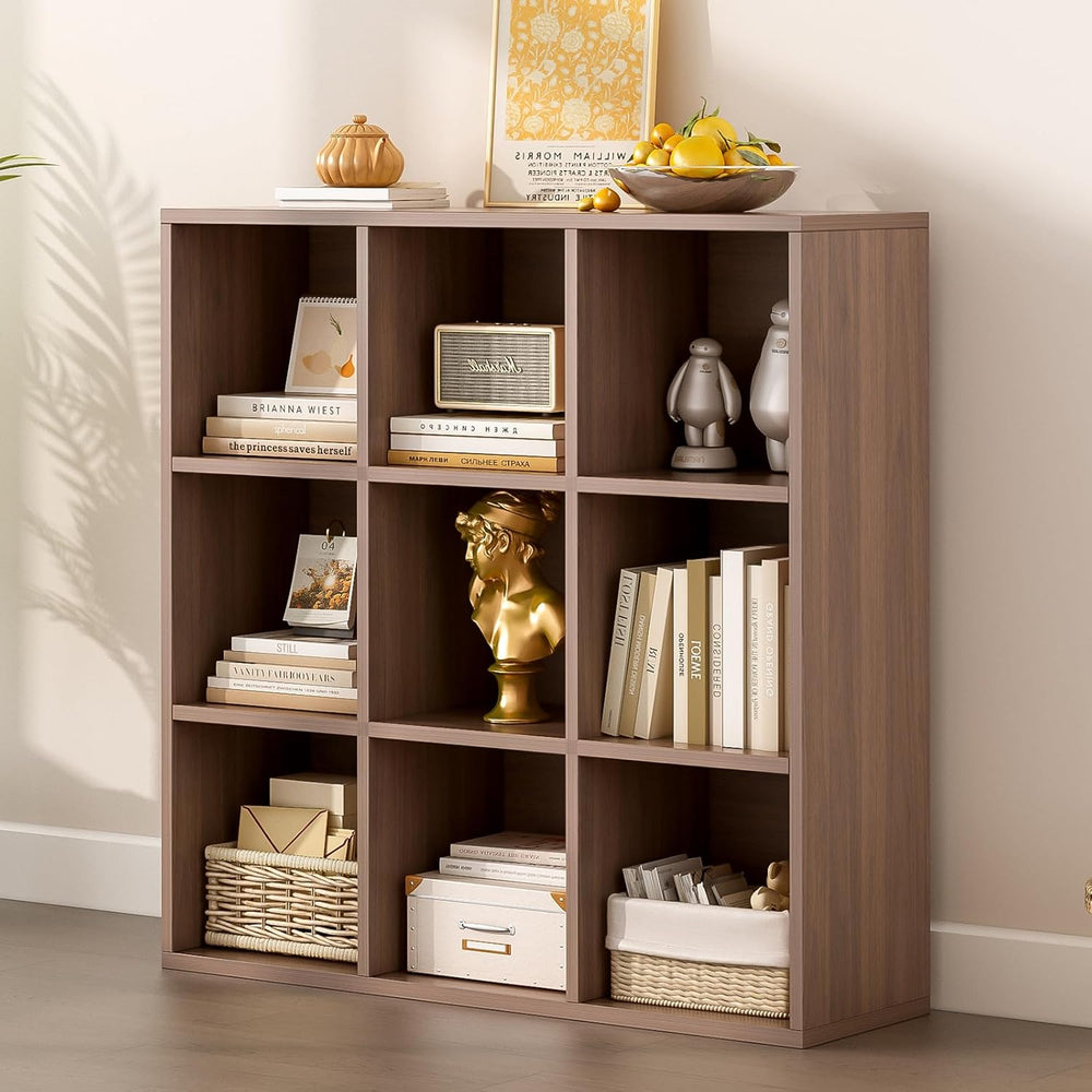 9-Cube Storage Shelf Bookcase - Wooden 3-Tier Floor Standing Open Bookshelf f...