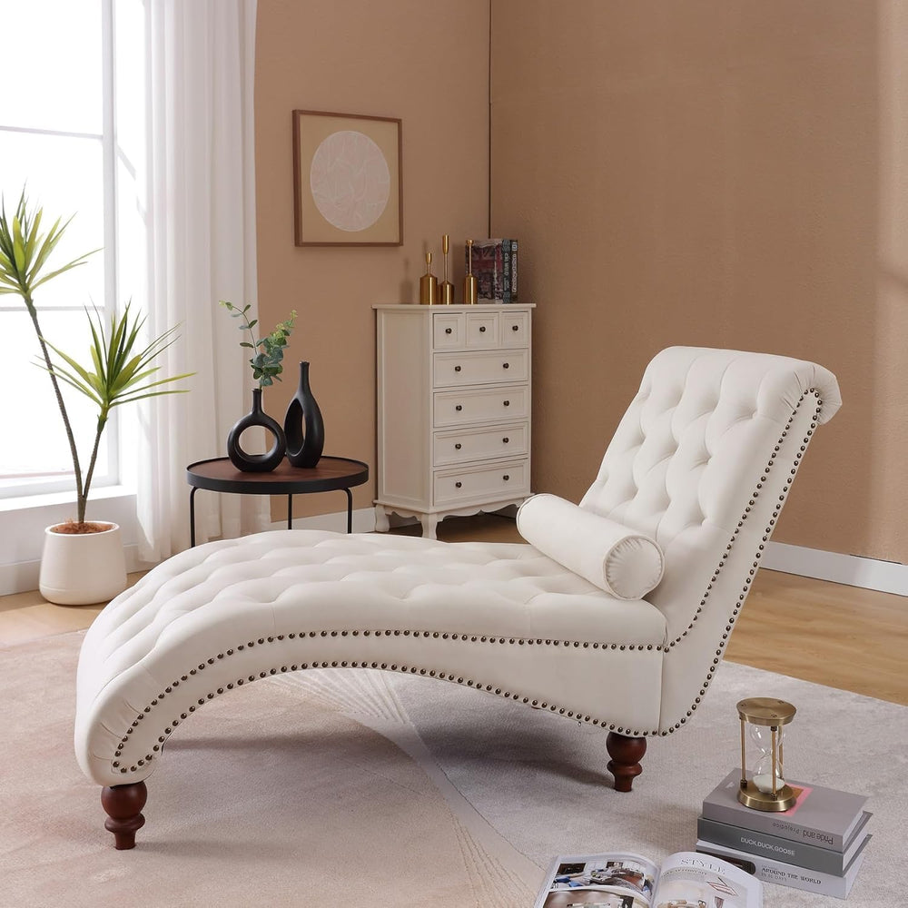 Velvet Tufted Chaise Lounge, Upholstered Sofa Chair with Wood Legs Beige