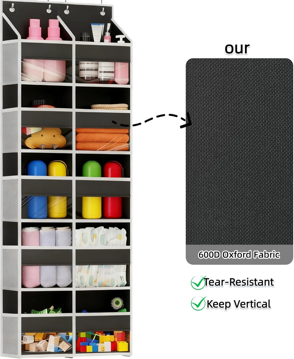 5-Tier Heavy Duty Over the Door Organizer with 10 Compartments - 600D Oxford Cloth Large Behind Door Storage for Closet, Nursery, Bedroom, Pantry, Diaper & Toy Organizer (black)