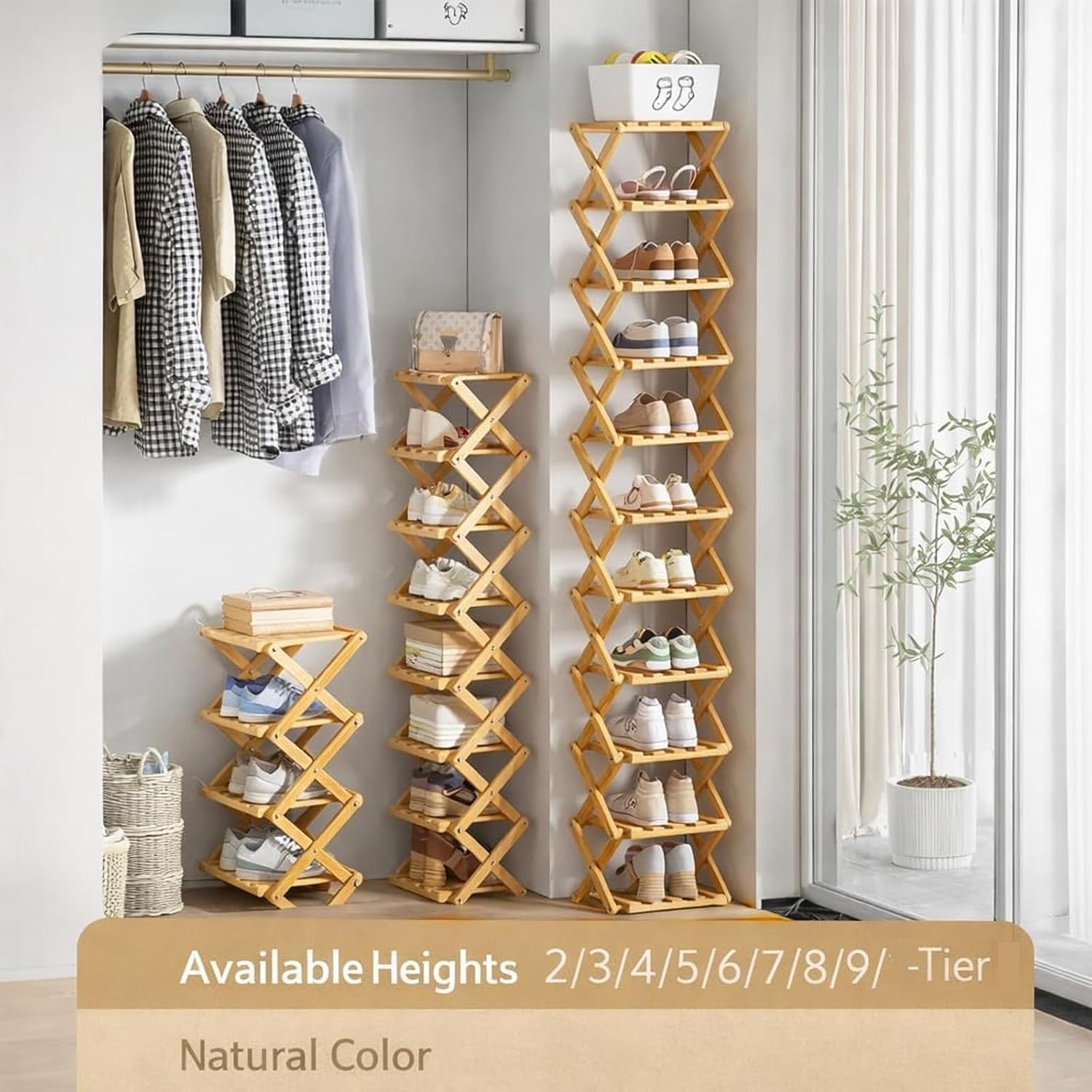 GDSAFS 2-9 Tier Bamboo Shoe Rack, 2026 New Sturdy Foldable Shoe Organizer, High-Capacity No-Assembly Vertical Storage with Anti-Slip Base for Hallway, Bedroom, Corner, Kids' Room (Brown,9 Layers)