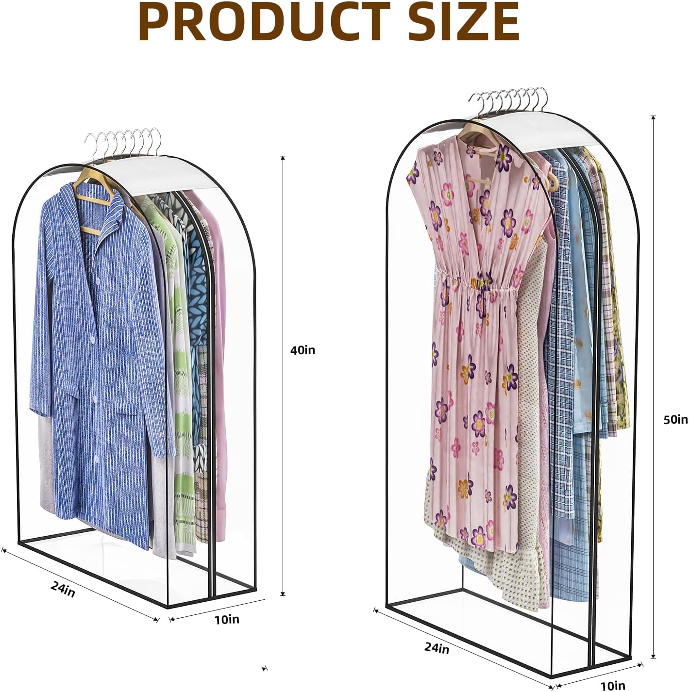 Clear Garment Bags for Hanging Clothes, 4-Pack, 2x40"+2x50" | Upgraded thickened clear garment bags with 10" gusset for closet storage of shirts, coats, dresses