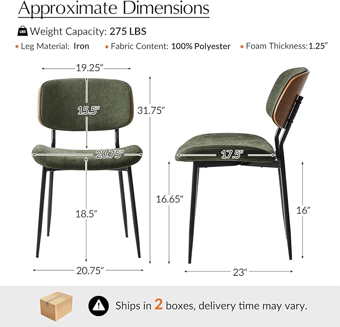 HULALA HOME Dining Chairs Set of 4 Mid-Century Modern Upholstered Kitchen Dining Room Chairs with Wood Curved Backrest, Black Metal Legs Fabric Dinner Chair for Living Room Cafe Restaurant Moss