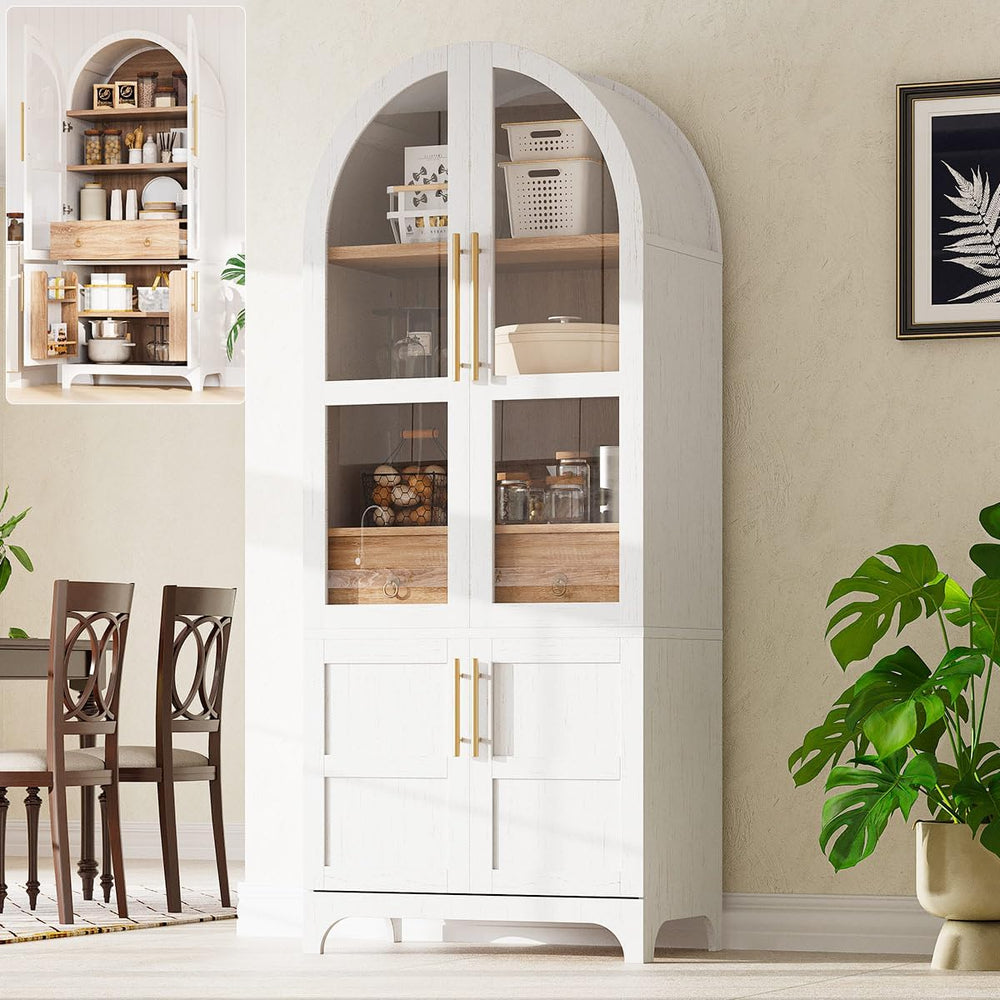 71" Tall Storage Cabinet with Arched Glass Doors, Pantry Cabinet with So...