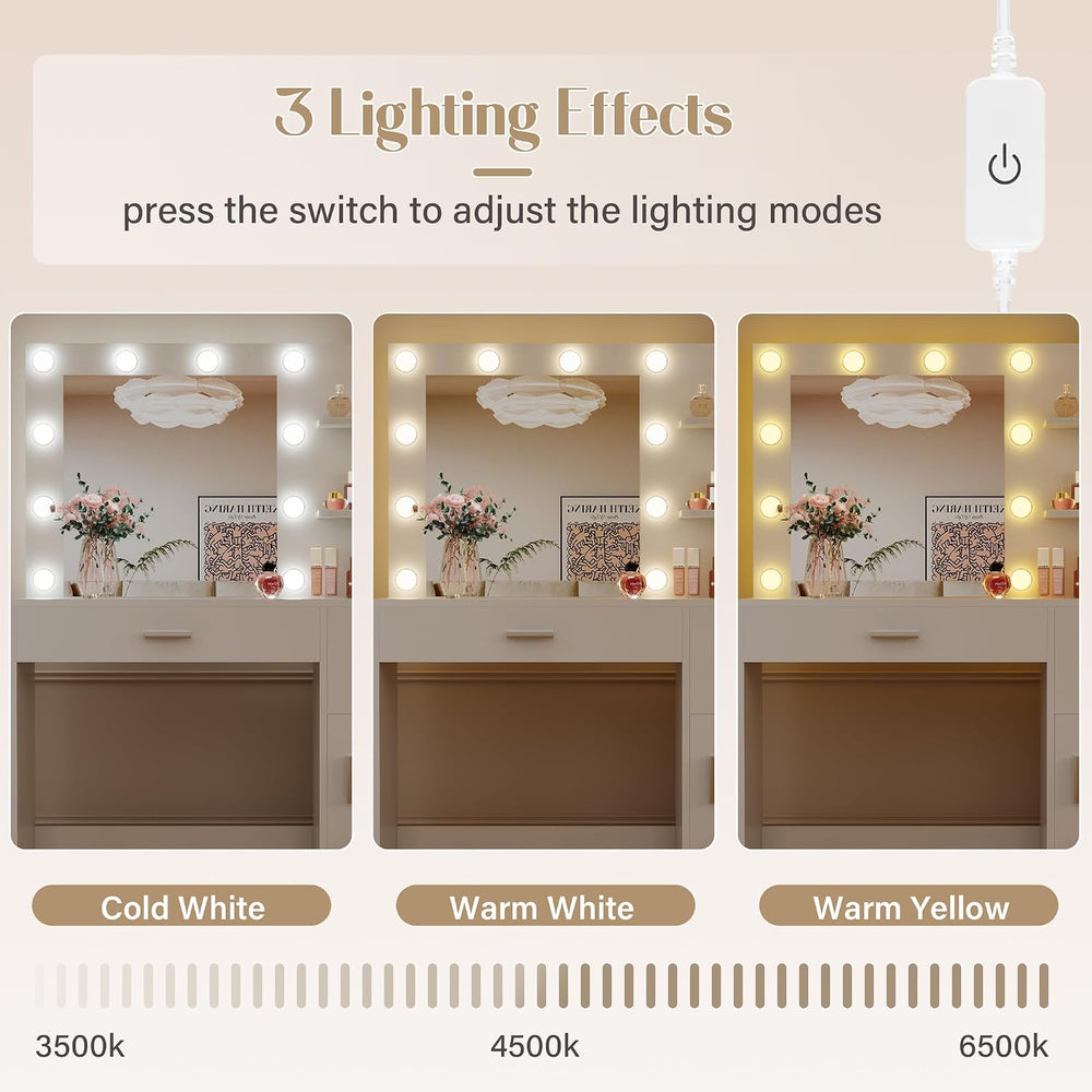 JUMMICO 35.4 Inch Vanity Desk with Mirror & Charging Station, White | LED...