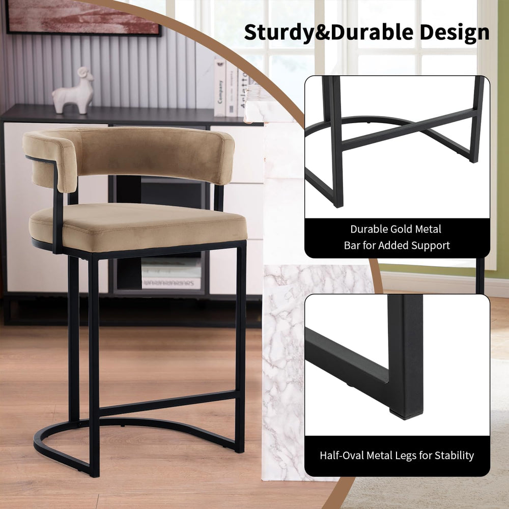 Set of 2 Brown Modern Velvet Bar Stools with Barrel Backrest, Upholstered Sea...