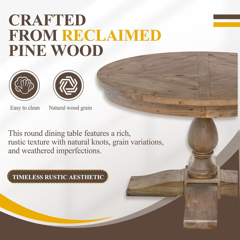 47" Round Dining Table with Wooden Pedestal Base, Antique Pine Wood Dinn...
