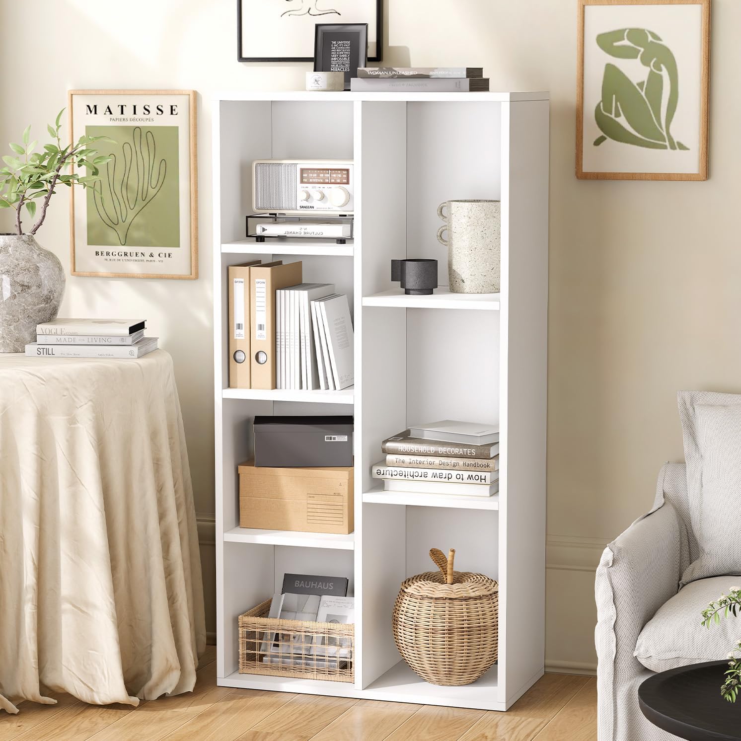 oneinmil 7 Cube Bookshelf, White Cube Organizer and Display Shelf with Storage, Stackable Bookcase for Small Space, Wooden Cube Shelf Easy to Match for Living Room, Bedroom, Study Room and Office