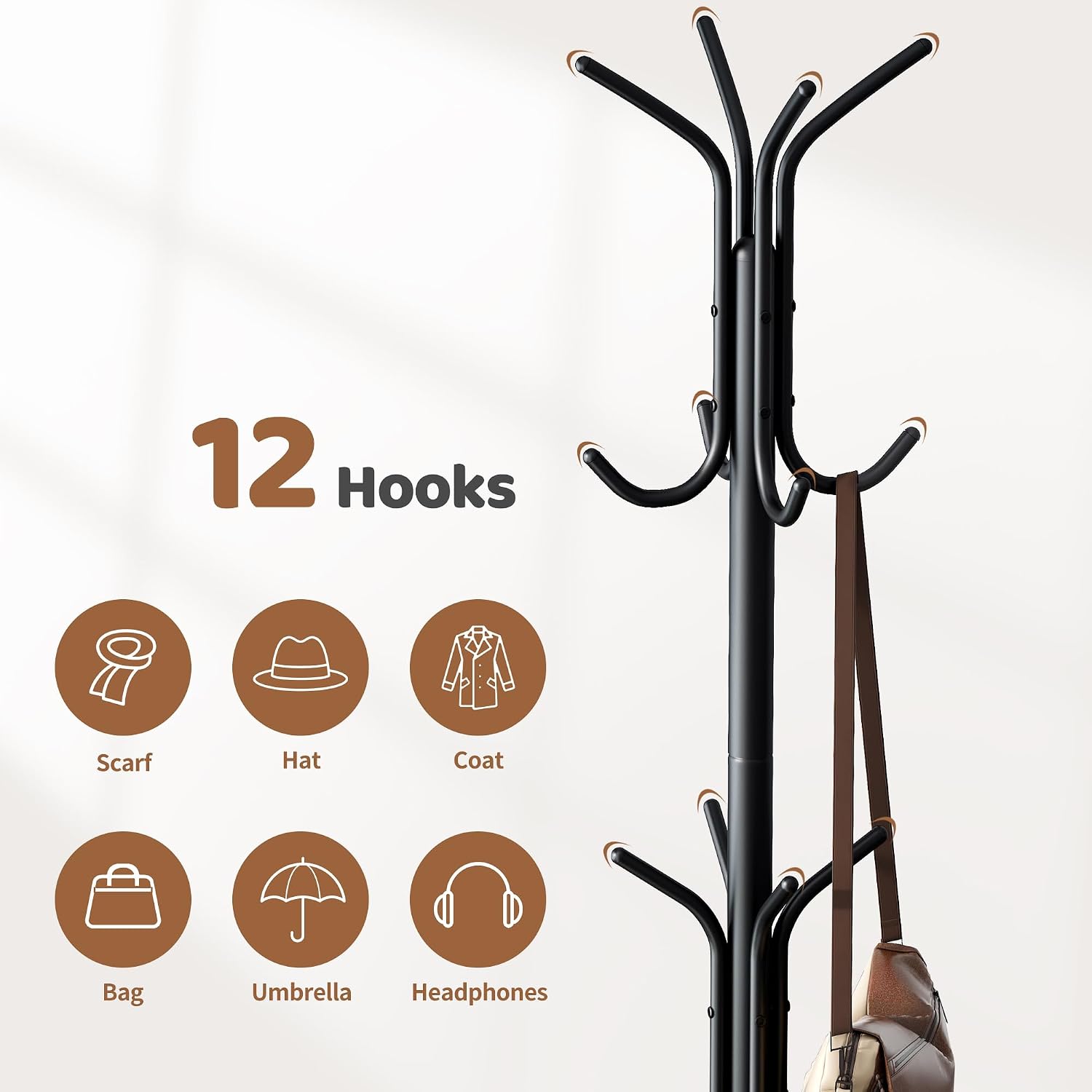 Coat Rack Freestanding Coat Tree Standing Coat and Hat Hanger Jacket Organizer Rack Metal,18.3" L x 18.3" W x 71.5" H, Black