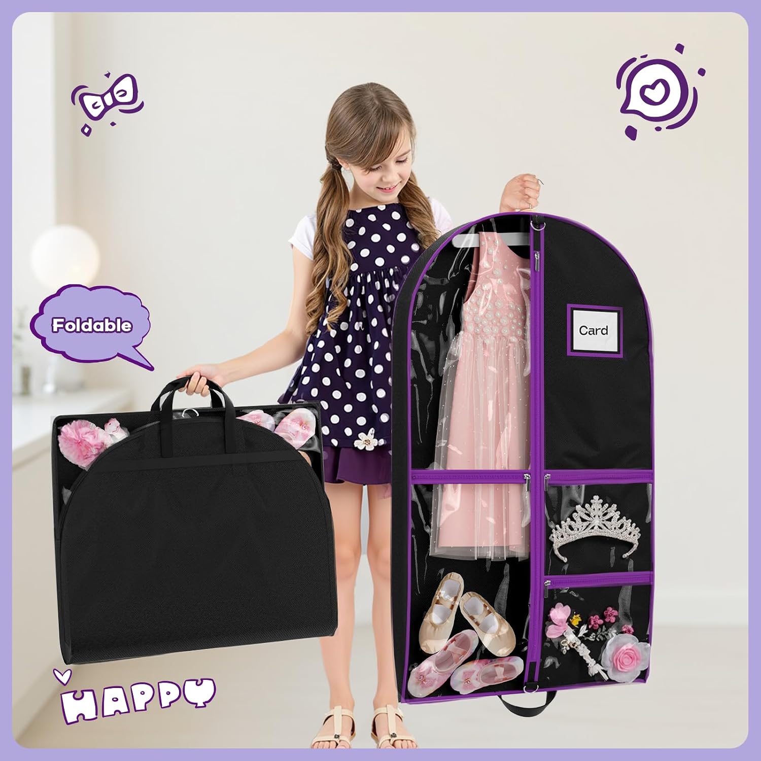 Dance Garment Bags for Dancers, 40" Garment Bags for Hanging Clothes with 3 Clear Zipper Pockets, Cheer Uniform Garment Bag for Suits, Travel & Sports Jersey, Cheer Uniform (Purple, 1Pack 40")