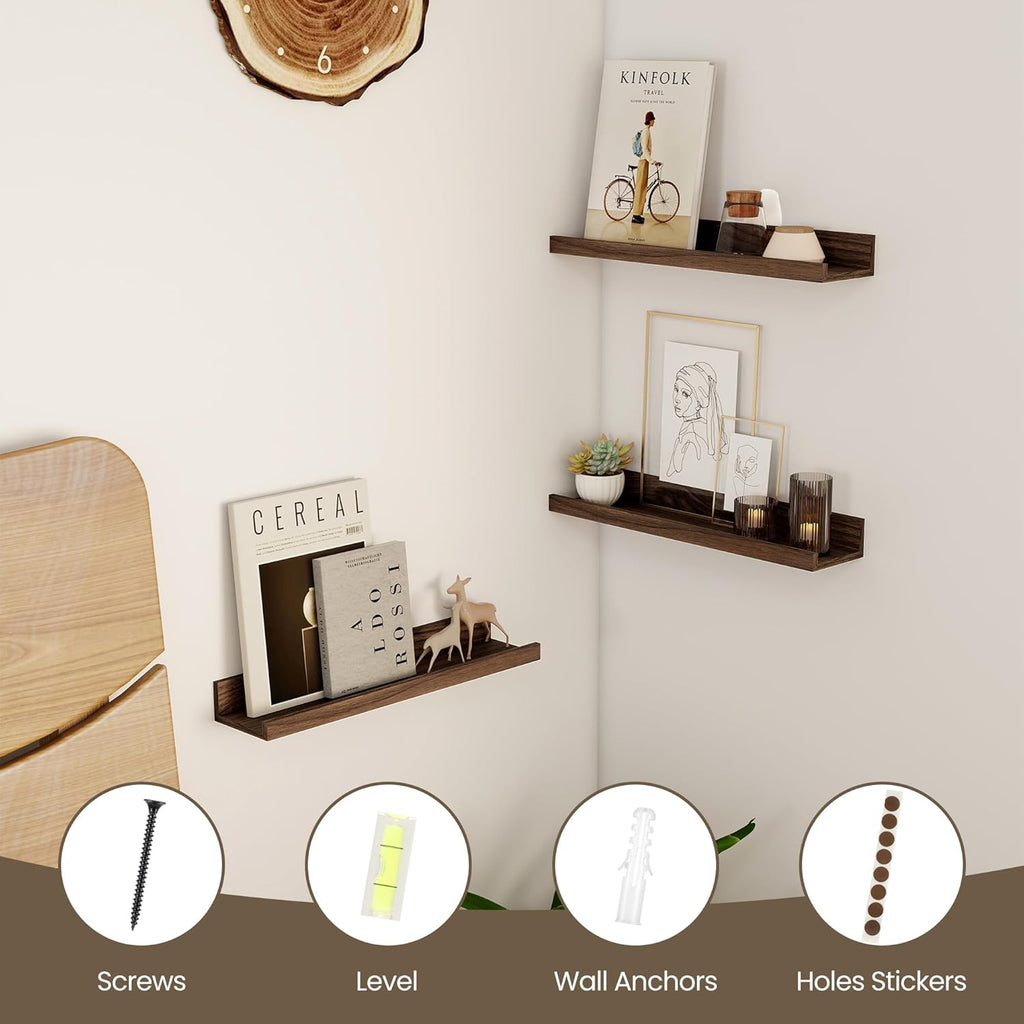 Axeman Floating Shelves for Wall | Picture Ledge Shelf Set of 2 | Rustic Walnut Picture Shelf for Wall with Ledge | Small Floating Shelves with Lip | Photo Ledge Shelves for Books Album Records
