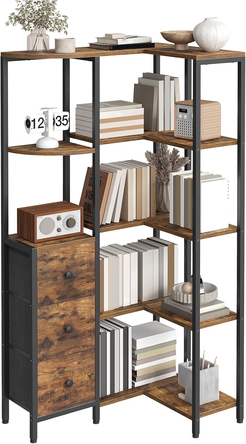 YATINEY Corner Bookshelf, 5-Tier L-Shaped Bookcase with 3 Fabric Drawers, Sto...