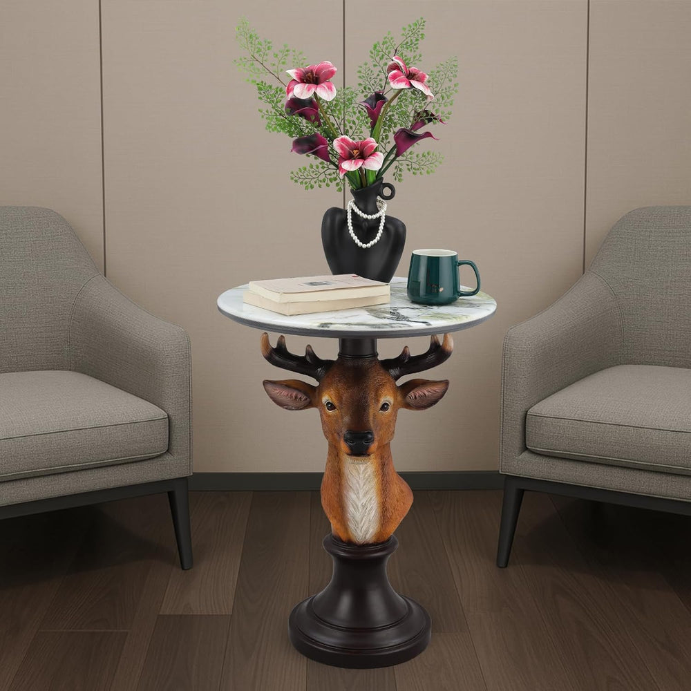 Deer Head Accent Table with Resin Animal Statue, Round Faux Marble End Tables...