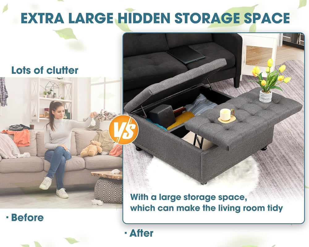 36" Large Square Ottoman with Storage, Tufted Upholstered Storage Ottoma...