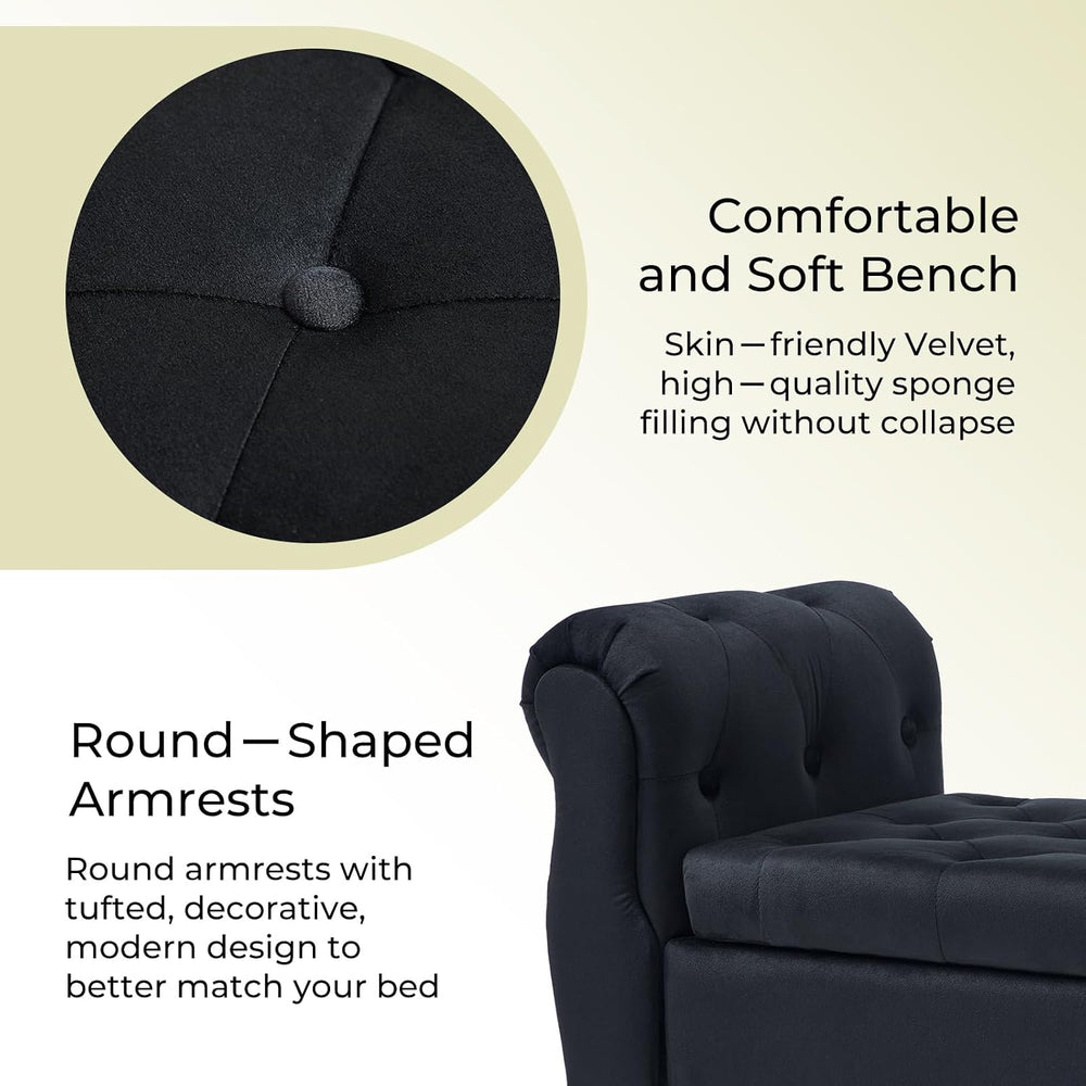 Velvet Upholstered Storage Bench with Arms and Wooden Legs, 47.6" Modern...