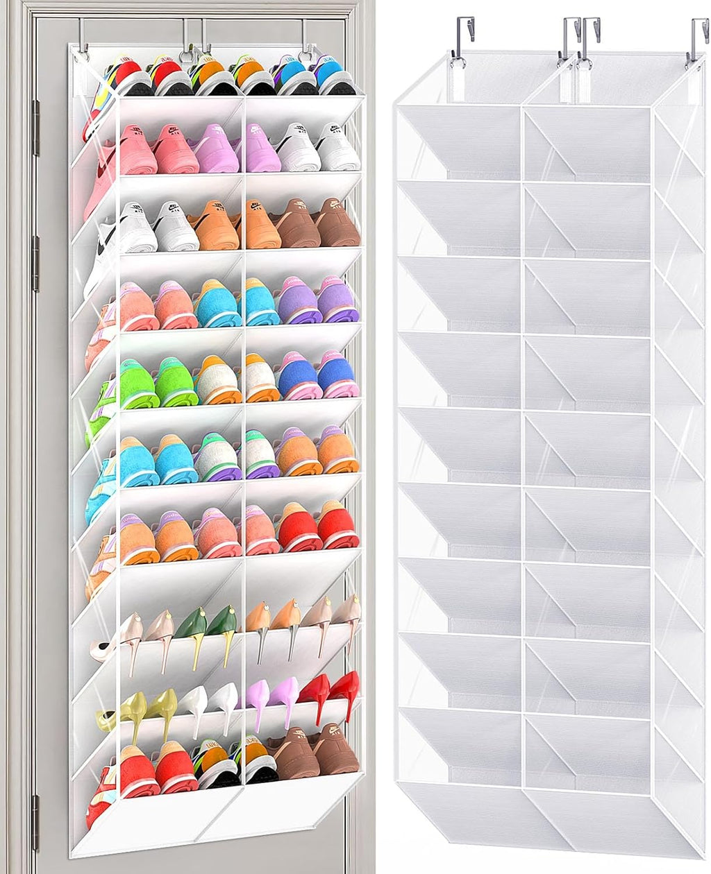 UVIAHOMI 20-30 Pairs Over the Door Shoe Organizer, Clear Pockets Hanging Shoe Storage for Closet, 10-Tier Door Shoes Rack, Handing Shoes Holder Fit All the Family's Sneakers, Boots, Heels, White