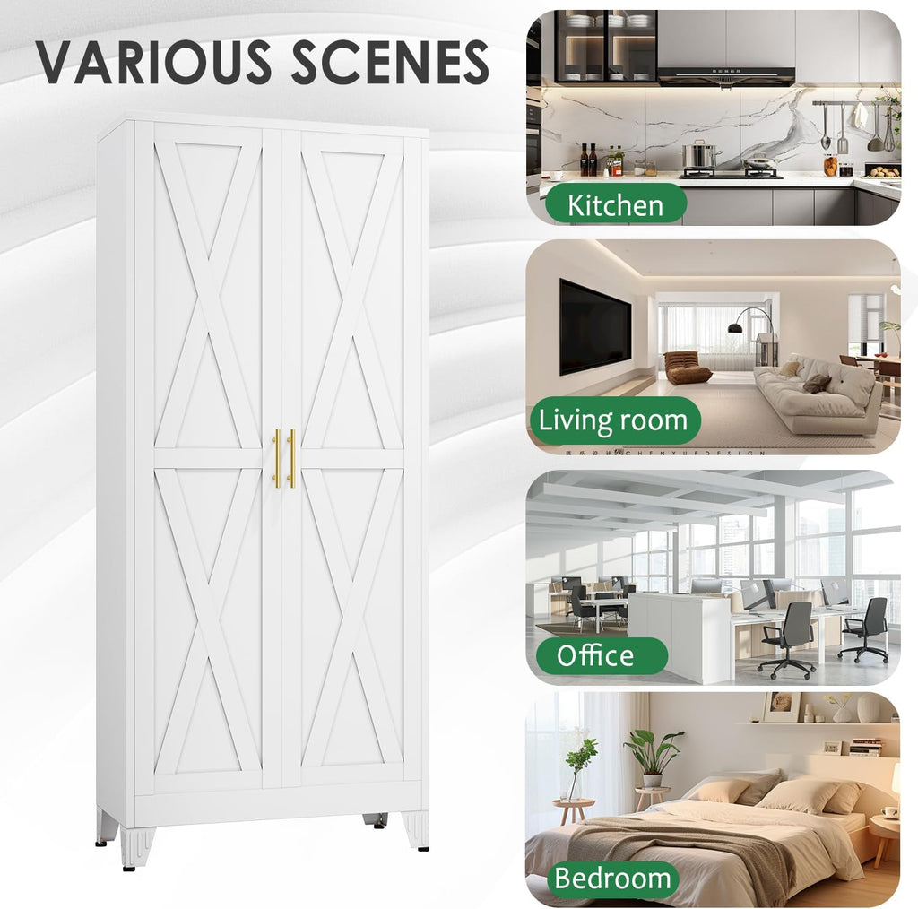 pozdeg 75" Tall Metal Kitchen Pantry Storage Cabinet with 2 Doors and 5 Adjustable Shelves, White Food Freestanding Cupboard for Kitchen, Dining Room, Bathroom and Garage (White)