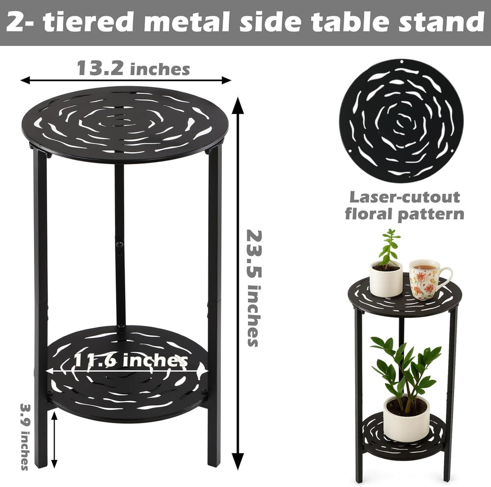 2-Tier Metal Round Side Table Black Accent Coffee Tables Small Space Corner P...