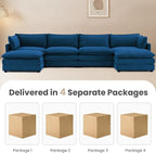 148'' Sectional Modular Cloud Couch, Oversized U Shaped 4 Seat Sofa with 2 Movable Ottomans, 2 Throw Pillows, Upholstered Corduroy U Shape Comfy Deep Couches for Living Room and Office, Blue