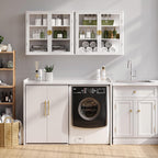NEWOWNDS 58" W Wall Storage Cabinets for Laundry Room with Tempered Glass | Floating Hanging Wall Mounted Storage Cabinets for with Adjustable Shelf for Bathroom,Kitchen,Garage,White,Curved Edges