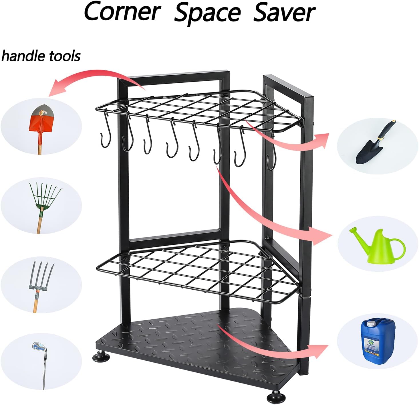 YueTong Garden Tool Organizer for Corner,Yard Tools Rack for Garage Storage Organization,Garage Tool Holder Free Standing No Mount.Heavy Duty and Solid Metal for Indoor and Outdoor Use.