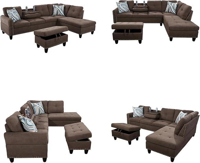 Sectional Couches for Living Room with Movable Chaise & Storage Ottoman - 97.5" Linen L Shaped Couches for Living Room Apartment, Home Modular Sectional Sofas with Cup Holder, Coffee
