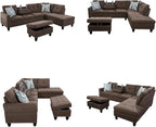 Sectional Couches for Living Room with Movable Chaise & Storage Ottoman - 97.5" Linen L Shaped Couches for Living Room Apartment, Home Modular Sectional Sofas with Cup Holder, Coffee