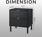 Sango Merk 2-Drawer Nightstand, Modern Black Bedside Table with Cylindrical Wood Legs, Vertical & Horizontal Groove Patterns, Discreet Metal Finger Pulls, Smart Storage for Living Room or Office Room