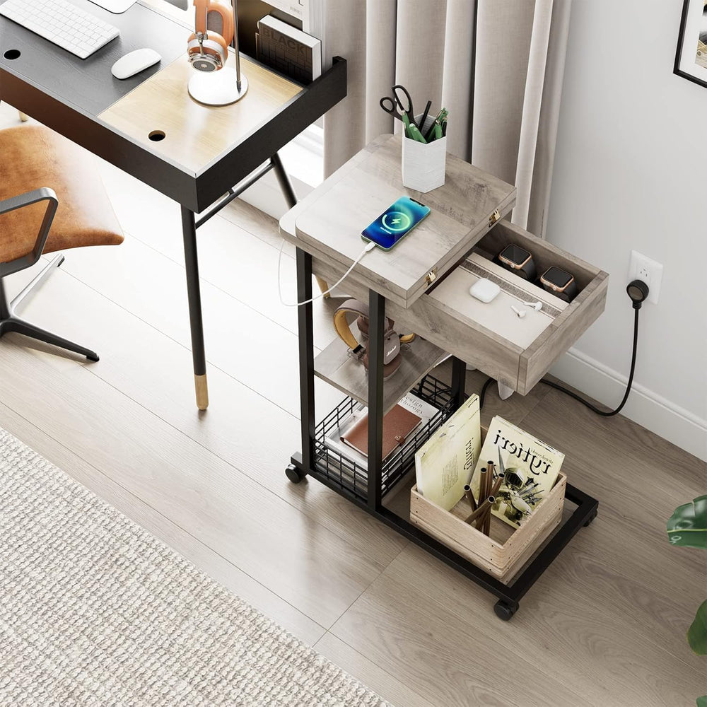TrailBlaze C-Shaped Side Table with Charging Station, Flip Top End Table with...