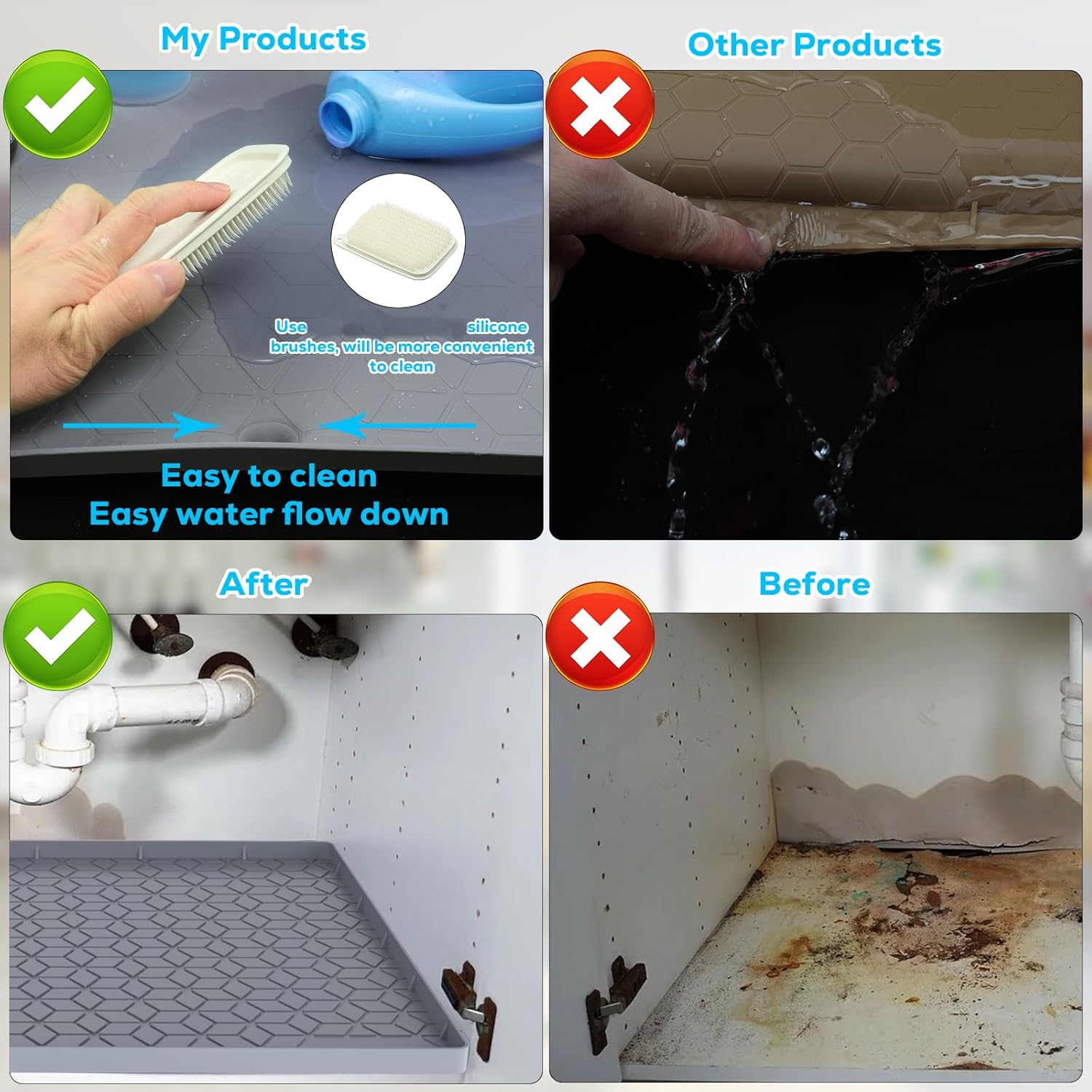 Under Sink Mat for Kitchen, Silicone Waterproof Liner, Flexible Organizer Tray with Drain Hole, 3.3 Gallons Capacity, Easy to Clean (Gray, 28x19)