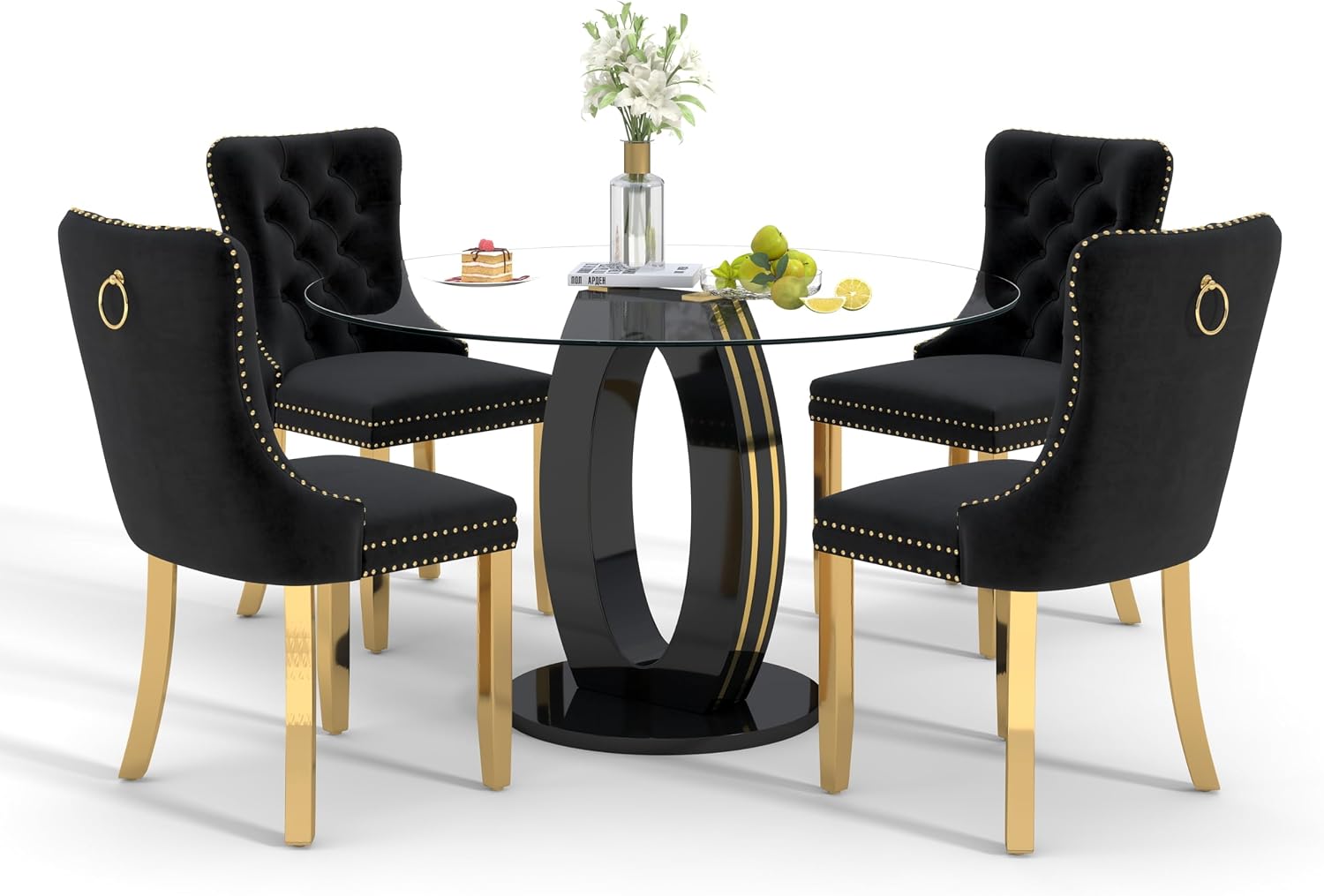 RGZ Modern 39" Clear Glass Round Dining Table Set, 5 PCS Luxury Circle Glass Top Kitchen Table with Gold Decorative Strips & 4 Black High-end Tufted Chairs for Apartment Home Dining(Black Base)
