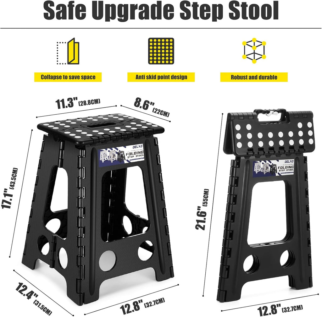 Delxo 17.5 Inch Folding Step Stool, Foldable Stool for Adults,Premium Portable Collapsible Plastic Step Stool,Non Slip Folding Stools for Kitchen Bathroom Bedroom (Black + Grey)