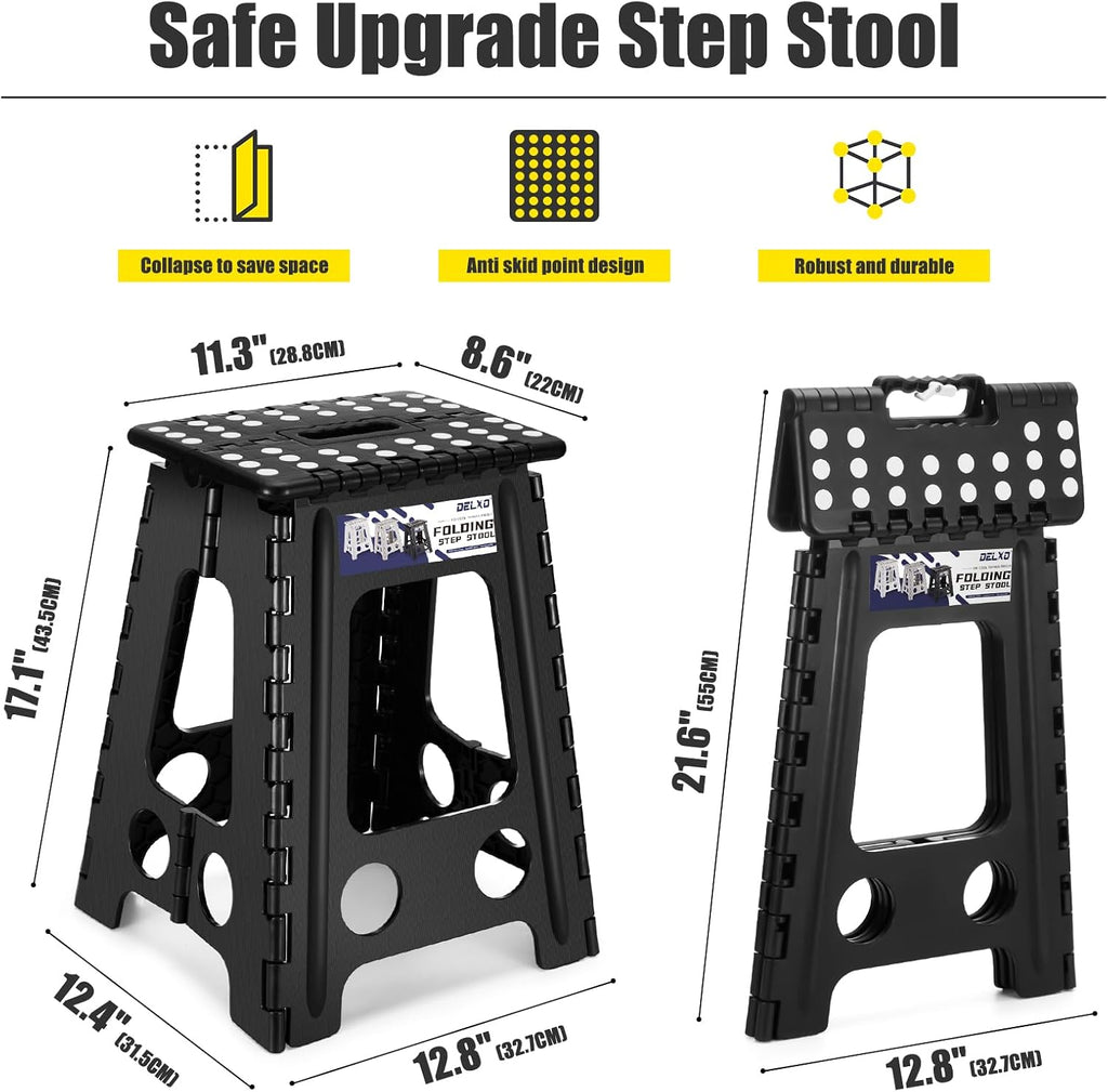 Delxo 17.5 Inch Folding Step Stool, Foldable Stool for Adults,Premium Portable Collapsible Plastic Step Stool,Non Slip Folding Stools for Kitchen Bathroom Bedroom (White)