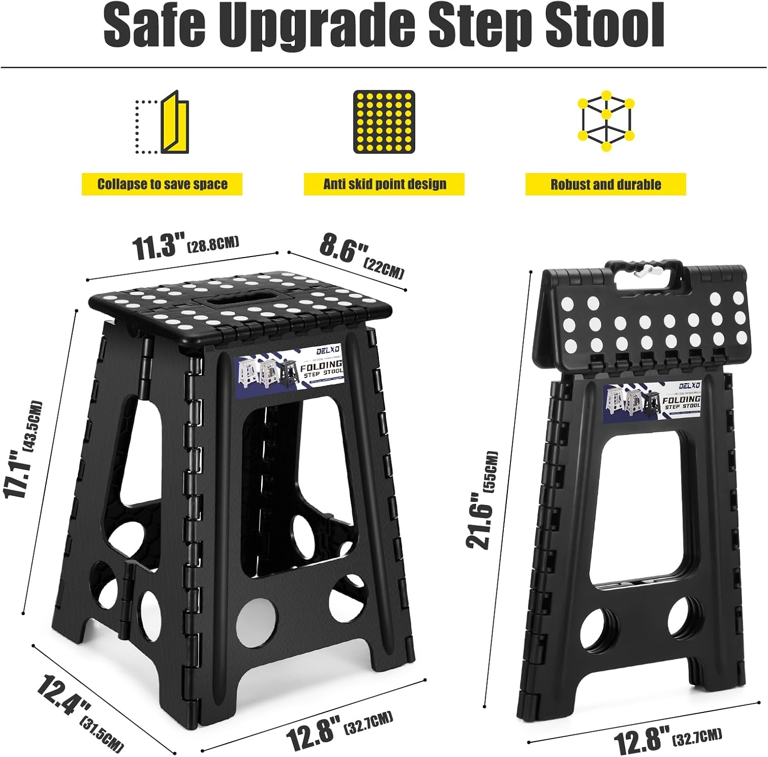 Delxo 17.5 Inch Folding Step Stool, Foldable Stool for Adults,Premium Portable Collapsible Plastic Step Stool,Non Slip Folding Stools for Kitchen Bathroom Bedroom (White)