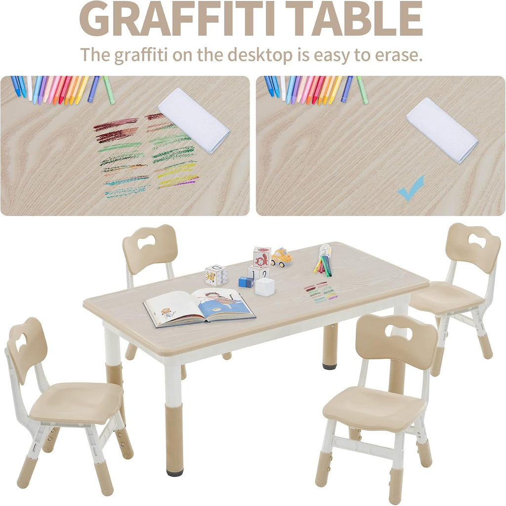 DOREROOM Adjustable Kids Table & 4 Chairs Set, 47.2" L x 23.6" W, Natural-W | Graffiti Desktop,Table Supports 300 lbs,Toddler Ages 2-8，FSC-certified, Children Activity Table for Daycare, Classroom, Home